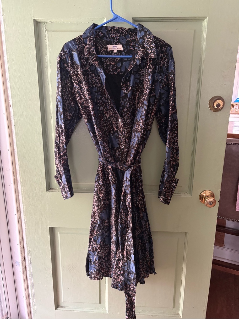 NEW NIBI MTK ZOEY women's button-down shirt dress in blue beige floral print